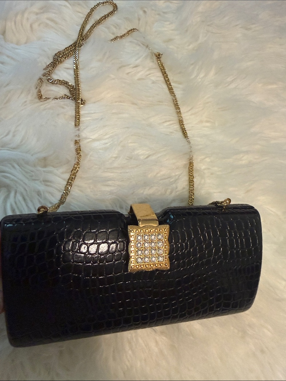 Isabella adams New York Black Croc-Embossed Evening Clutch with Gold Chain
